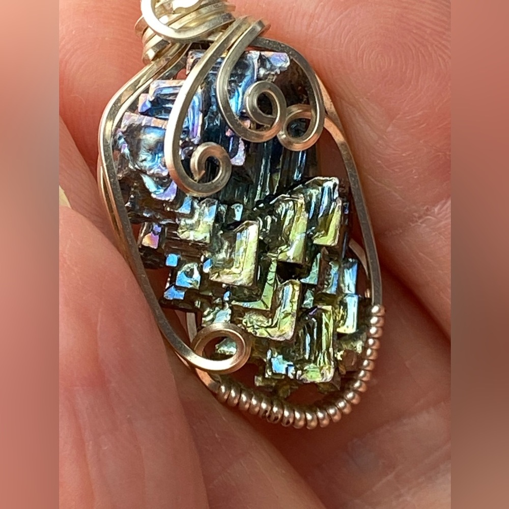 Dragon scale Silver Wire cage wrap pendant rainbow iridescent geo wrap bismuth